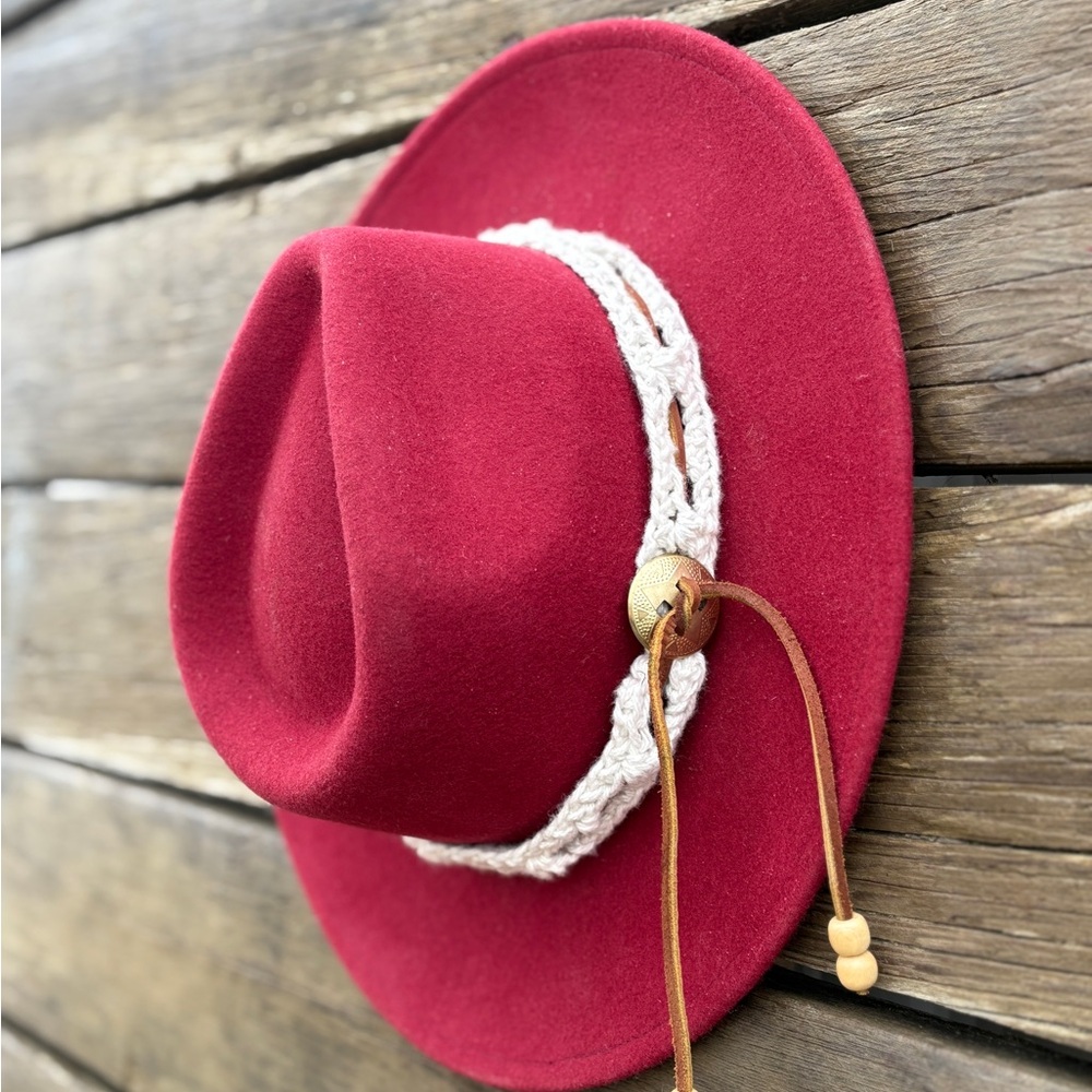 Red Wool Wide Brim Hat with Boho Band - Picture 9 of 9